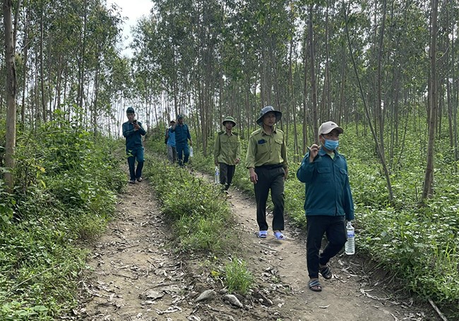 Lực lượng kiểm lâm, dân quân, quân sự xã Tây Thuận tuần tra bảo vệ rừng giáp ranh với xã Song An, Cửu An thuộc TX An Khê, tỉnh Gia Lai. Ảnh: MINH NGỌC